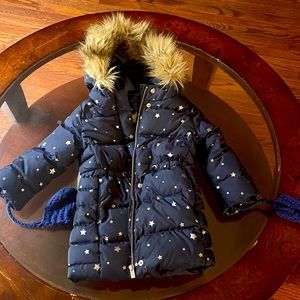 Navy Blue/Silver Baby Gap Girls Down Puffer Coat with Knitted Mittens.